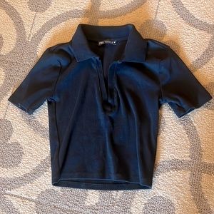 Zara Sz S Black Collared V-Neck Short Sleeve Crop Top Polo-Style Collar